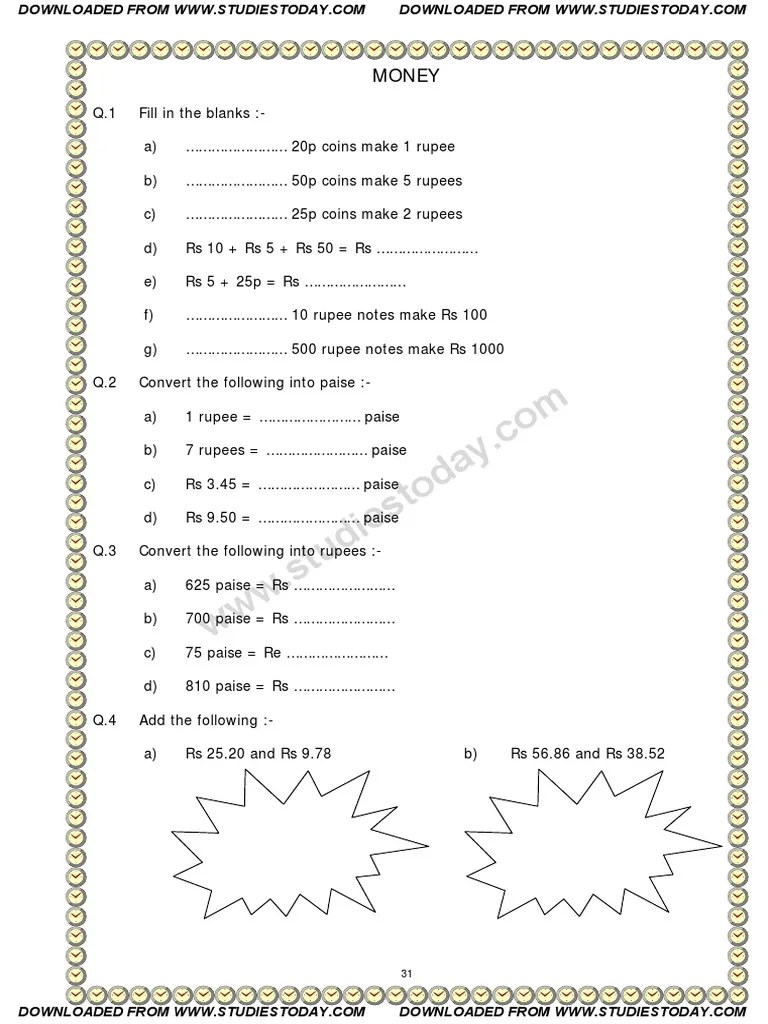 CBSE Class 1 Maths Practice Worksheet Rupee Economy Of Asia