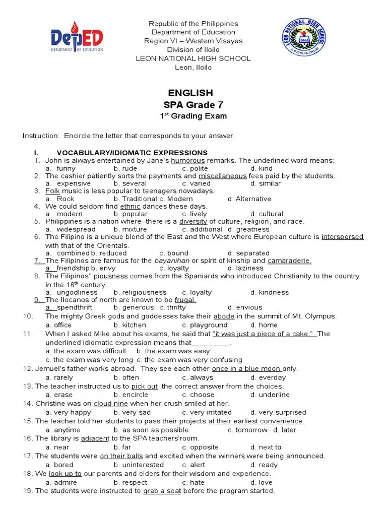 English Grade 7 1st Grading Long Test Philippines Religion And Belief