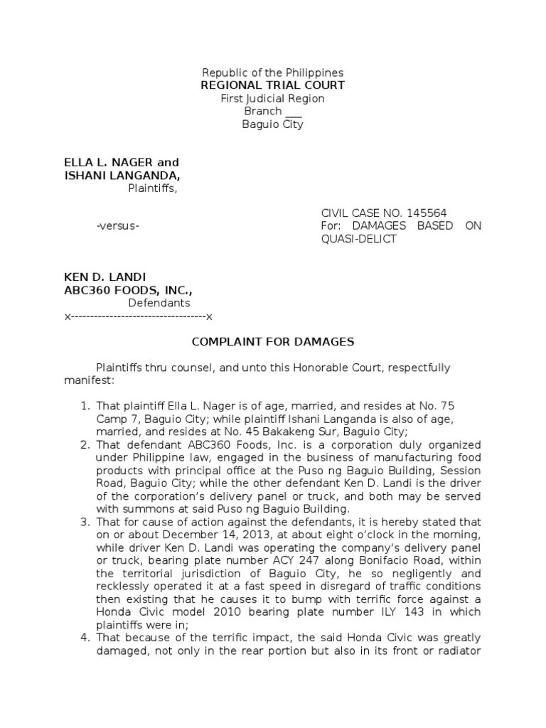 Complaint for Damages Sample Lawsuit Complaint