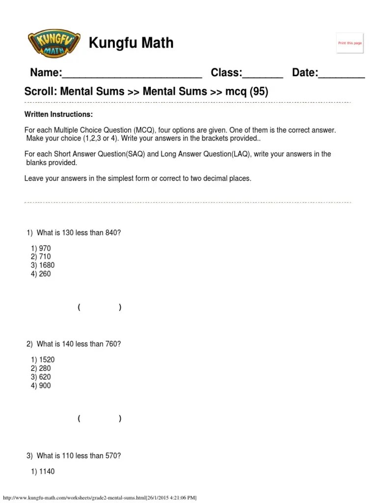 Singapore Math Worksheets Grade 2 Mental Sums PDF Multiple Choice Educational Assessment