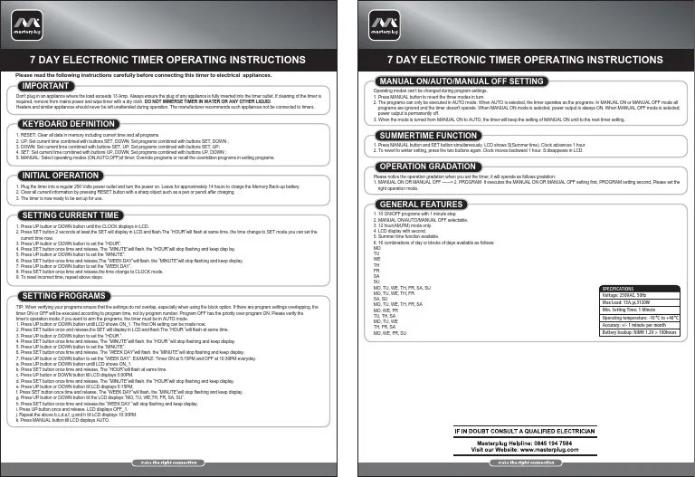 Masterplug Electronic Timer Instruction (E) PDF Home Appliance Timer
