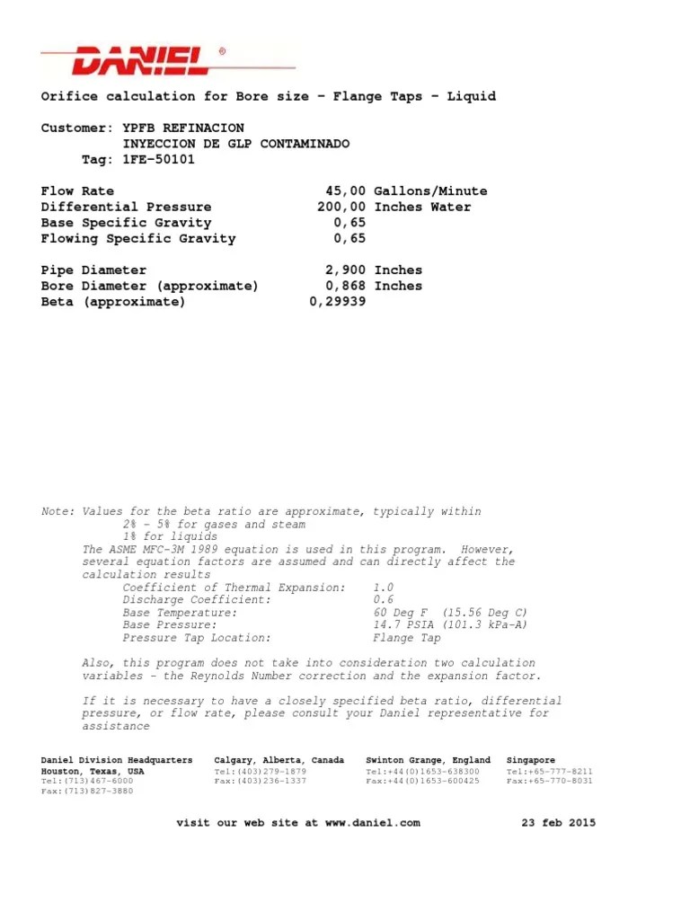 Orifice Plate Sizing for Liquid Flow Bore Diameter Calculation for GLP Injection Tag 1FE50101