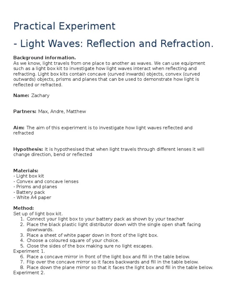 practical experiment reflection and refraction Lens (Optics) Refraction