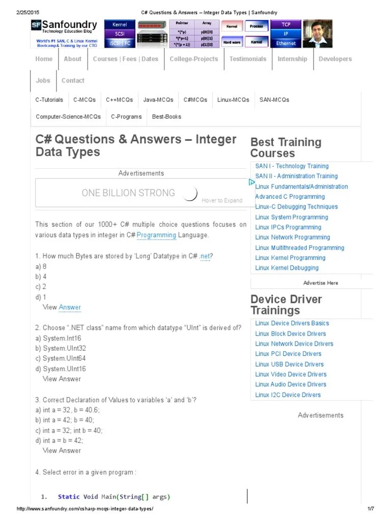 C Questions & Answers Integer Data Types _ Sanfoundry Method