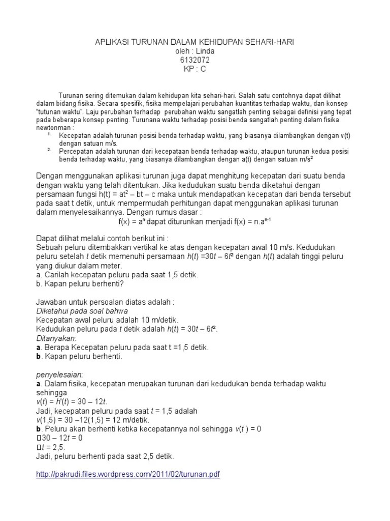 Contoh Soal Aplikasi Turunan Dalam Bidang Fisika Contoh