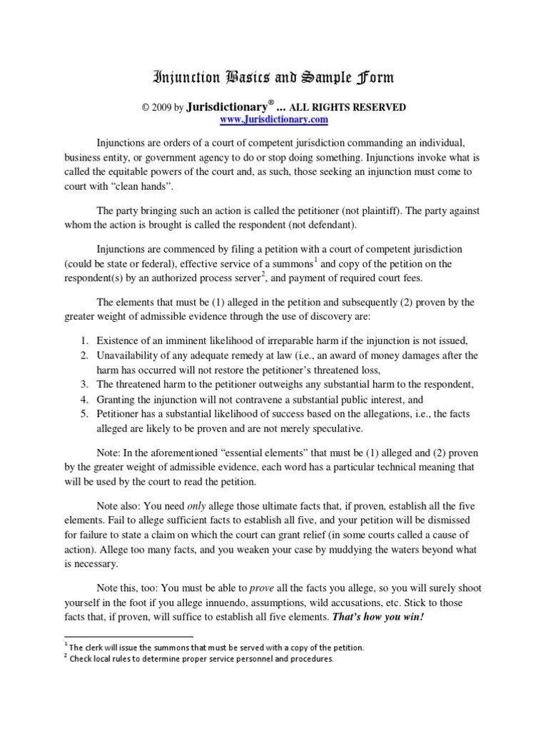 Injunction Basics and Sample Form Injunction Pleading