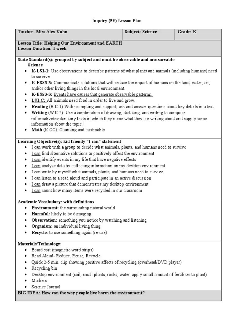 5e lesson plan (science) Recycling Educational Assessment