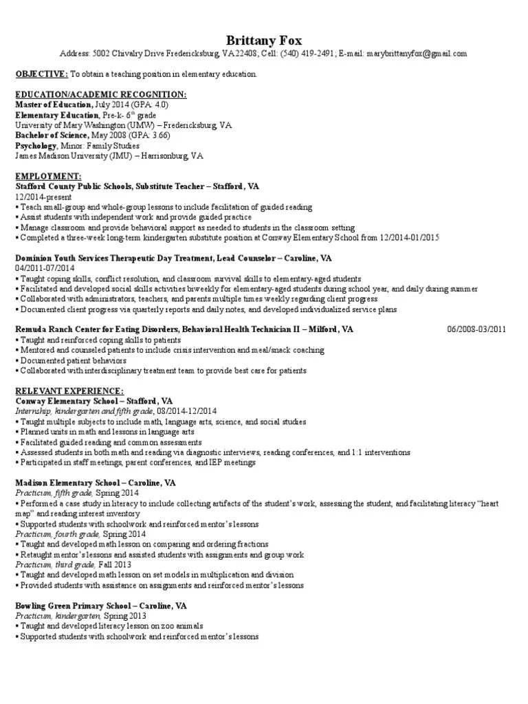 Fox Resume PDF Primary Education Teachers