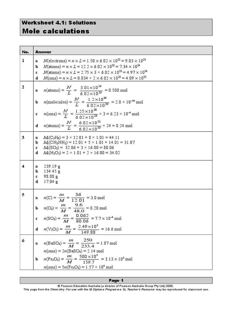 Mole calculations Worksheet 4.1 Solutions
