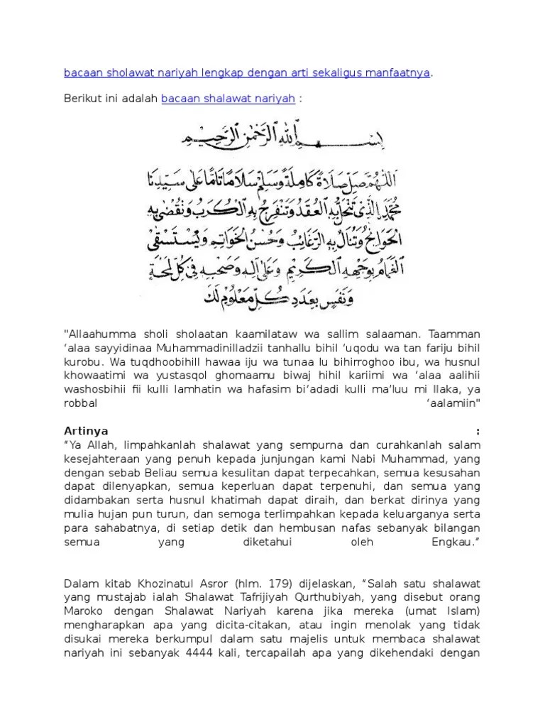 Bacaan Sholawat Nariyah Lengkap Dengan Arti Sekaligus Manfaatnya | PDF