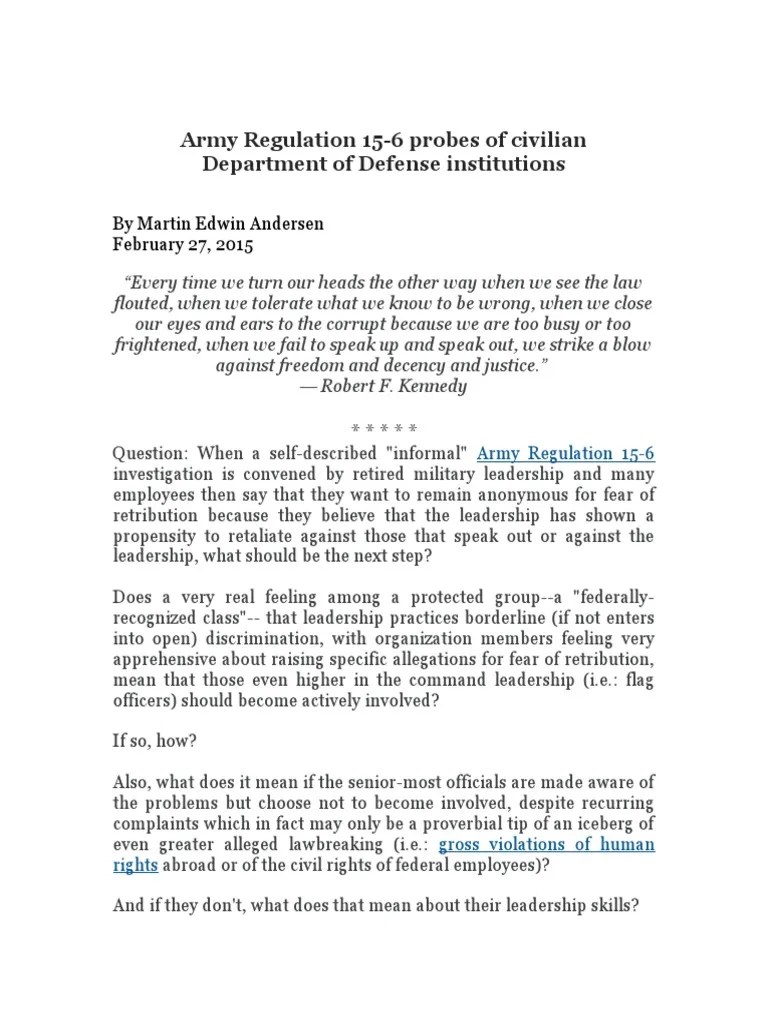 Army Regulation 156 probes of civilian Department of Defense