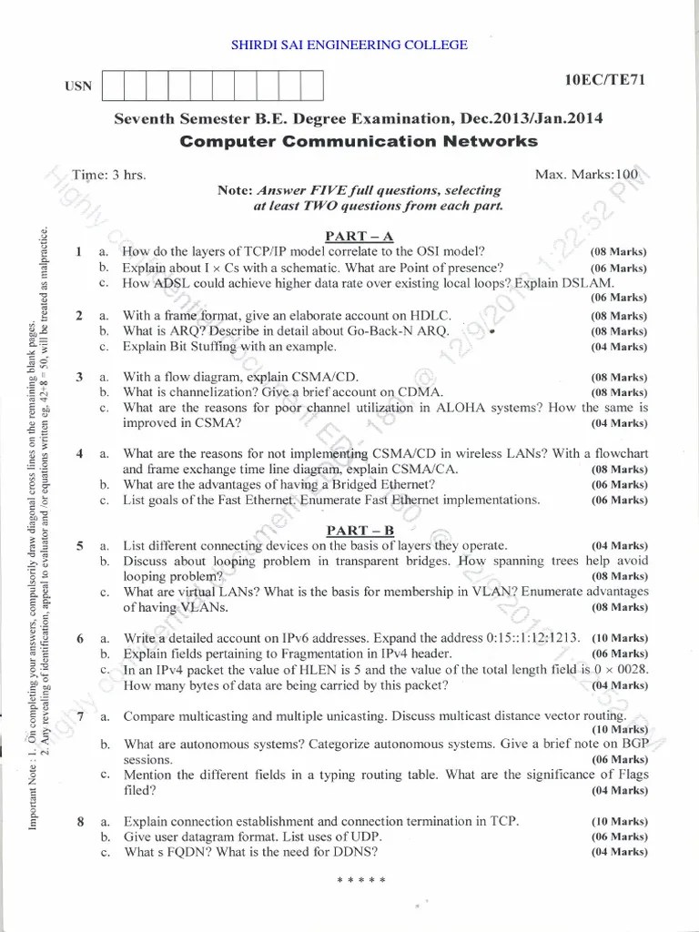 Question Papers of Computer Communication Networks PDF Network