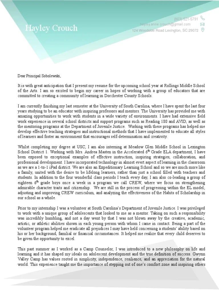 hca cover letter Adolescence Teachers