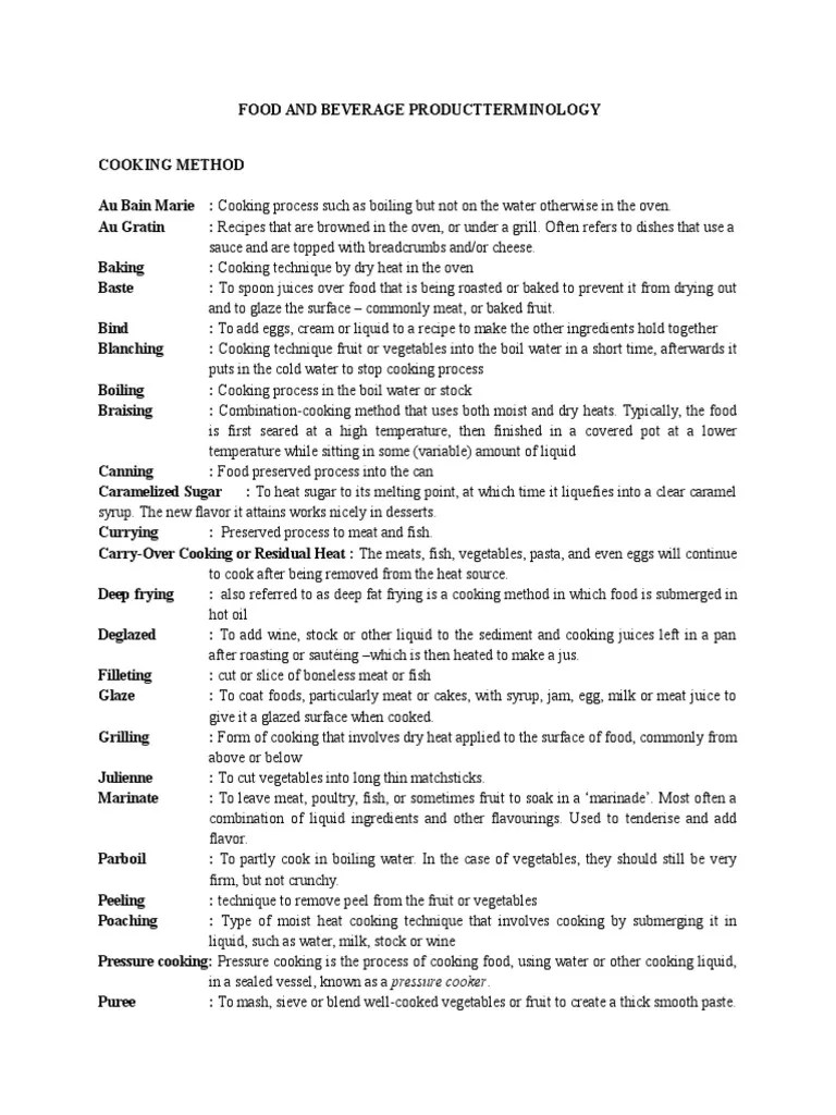 Food and Beverage Product Terminology 2 Chef Cooking
