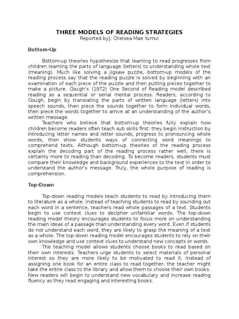 Three Models of Reading Strategies Reading (Process) Reading