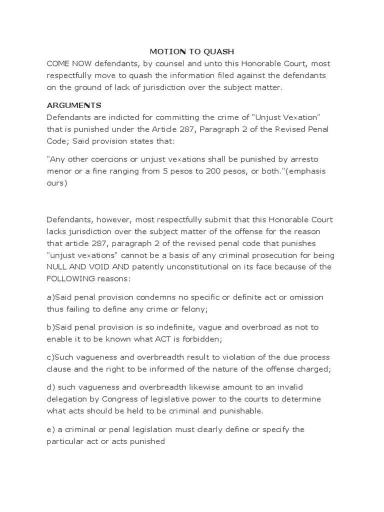 Motion to Quash Vagueness Doctrine Crimes