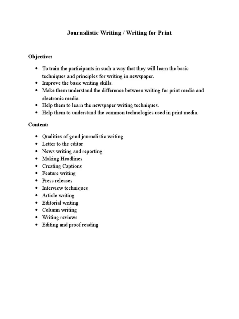 Journalistic Writing / Writing for Print Objective
