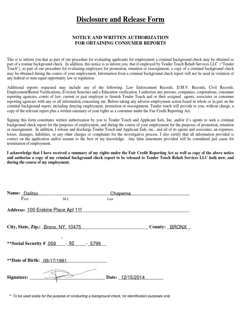 Disclosure and Release Formsigned Background Check Credit Score