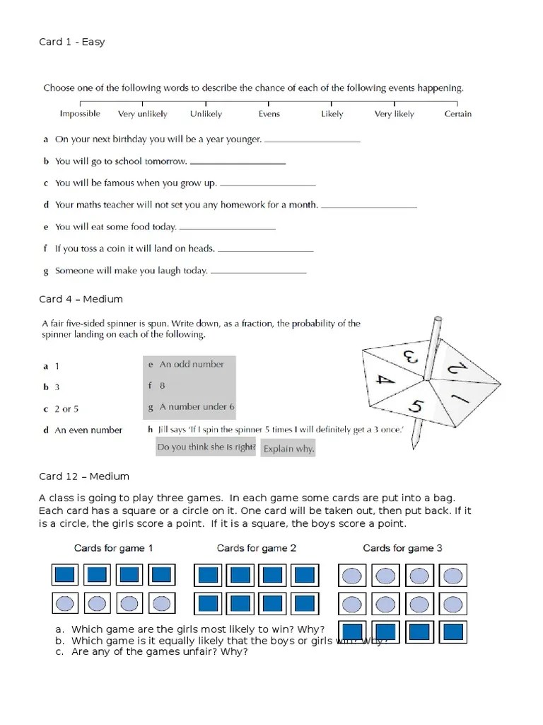 Probability Question Cards | Playing Cards | Probability