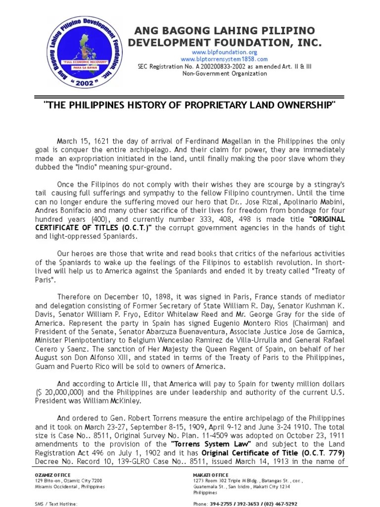The Philippines History of Proprietary Land Ownership (English Version
