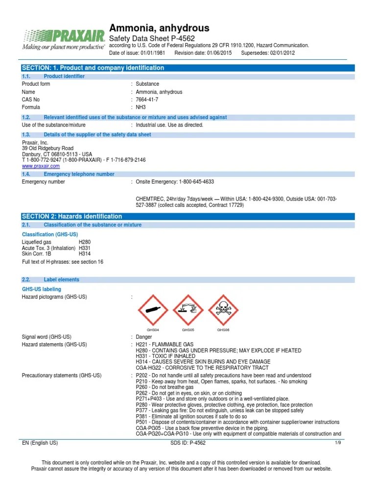 Ammonia NH3 Safety Data Sheet SDS P4562 Personal Protective Equipment