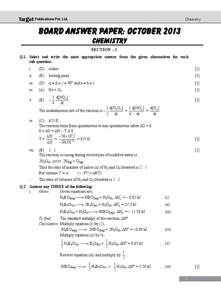 October 2013 Answer Chemistry Gases Redox