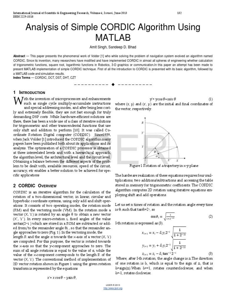 Analysis of Simple CORDIC Algorithm Using MATLAB Trigonometric