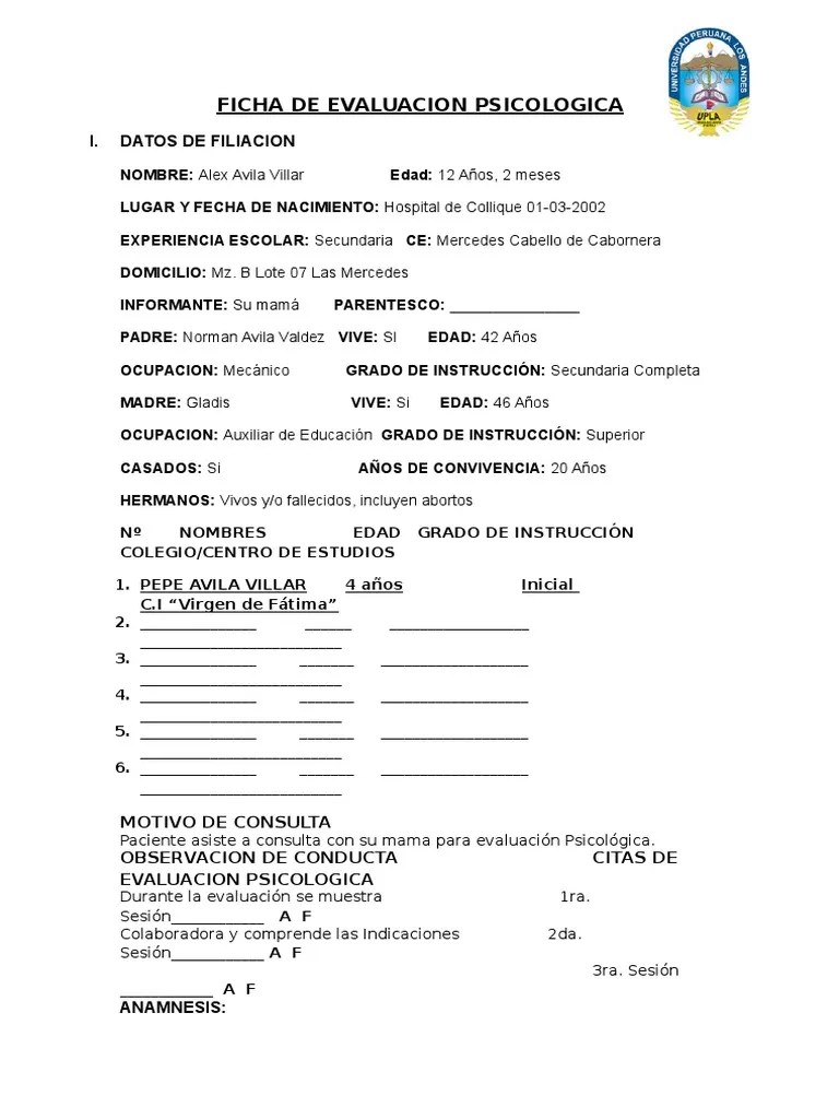 Ficha de Evaluacion Psicologica Medicina CLINICA Medicina
