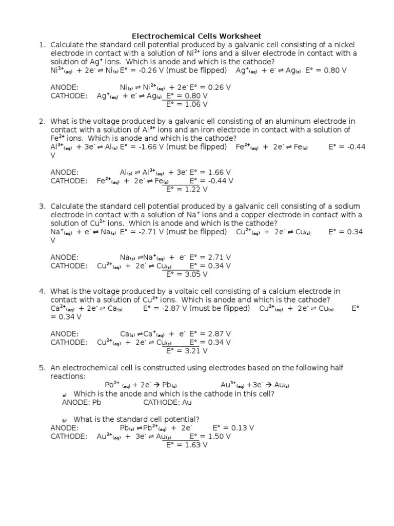 Electrochemical Cells Worksheet Answers | Electrochemistry | Anode