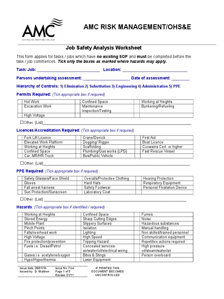 Job Safety Analysis Worksheet | Personal Protective Equipment | Safety