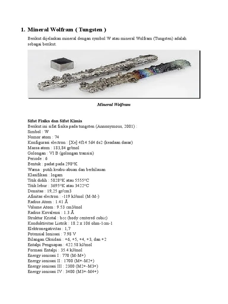 Mineral Wolfram (Tungsten) : Sifat Fisika Dan Sifat Kimia | PDF