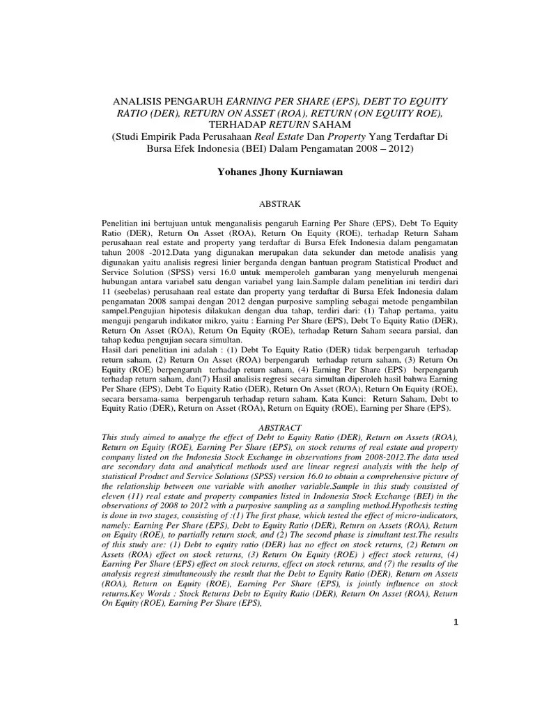 Analisis Pengaruh Earning Per Share (Eps), Debt to Equity Ratio (Der