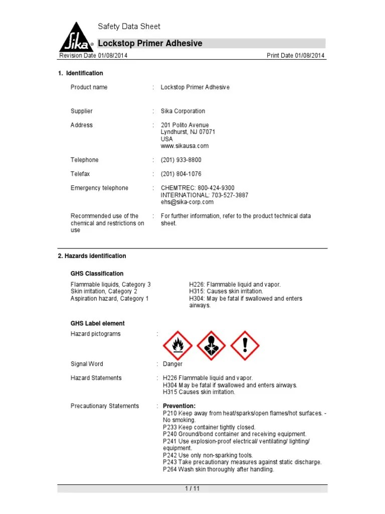 Lockstop Primer Adhesive SDSGreenstreak Toxicity Packaging And