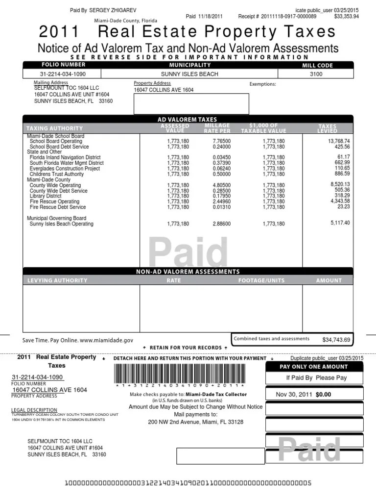 2011 Real Estate Property Taxes Notice of Ad Valorem Tax and NonAd