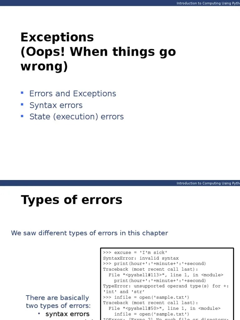 Exceptions (Oops! When Things Go Wrong) Errors and Exceptions Syntax