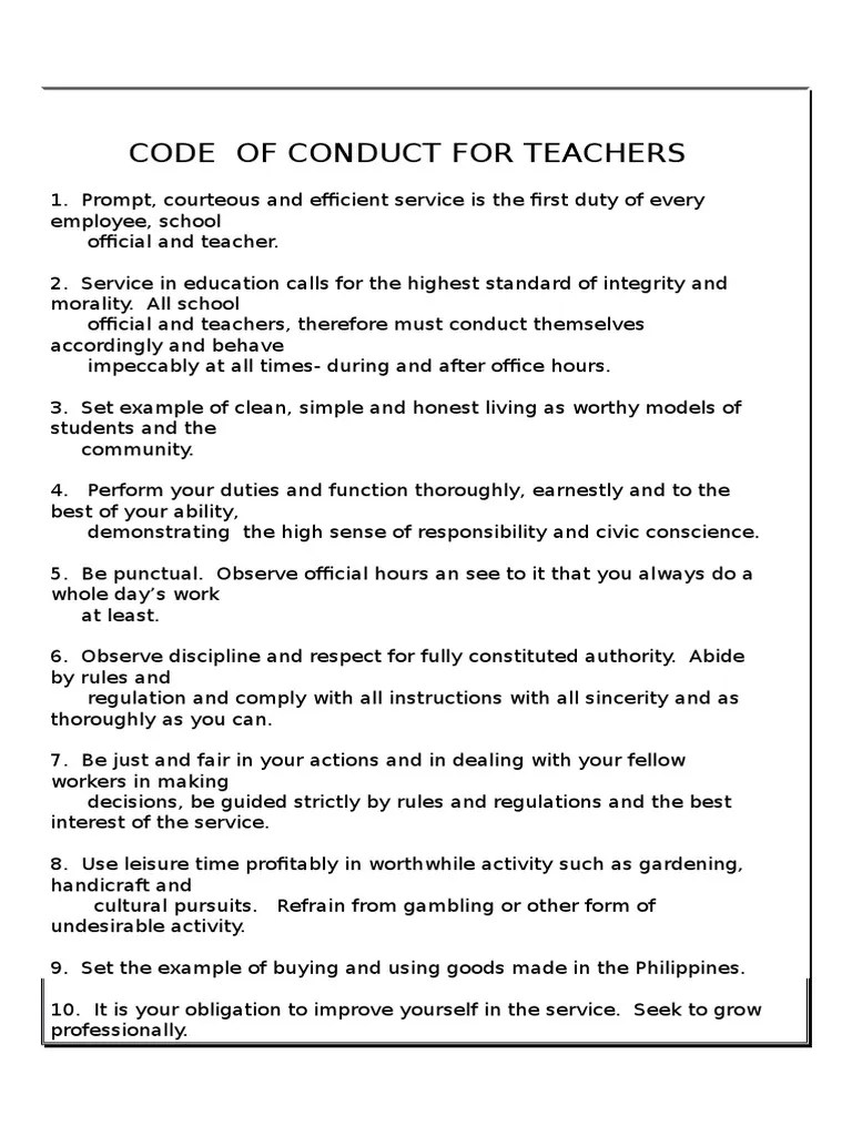 Code Of Conduct For Teachers Social Institutions Society