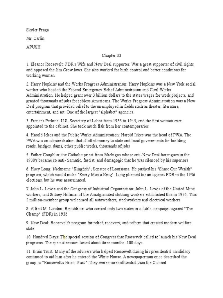 APUSH Chapter 33 Term Sheet New Deal Public Works Administration
