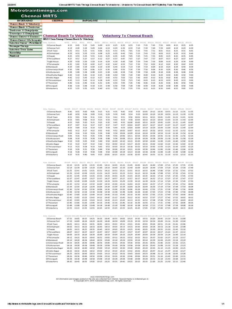 Chennai MRTS Train Timings Chennai Beach to Velacherry