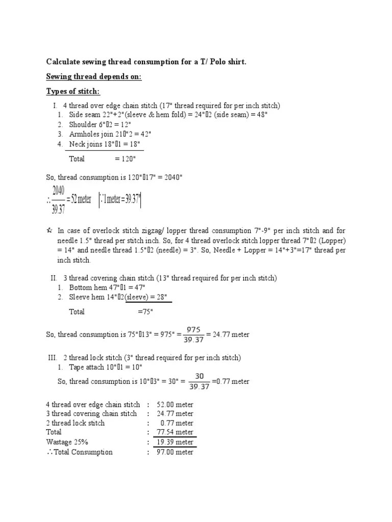 Calculate Sewing Thread Consumption PDF Needlework Clothing