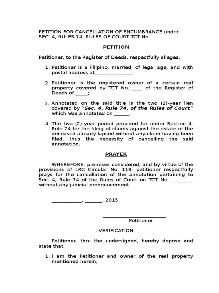 Petition for Cancellation of Encumbrance under Section 4 Rule 74 of the