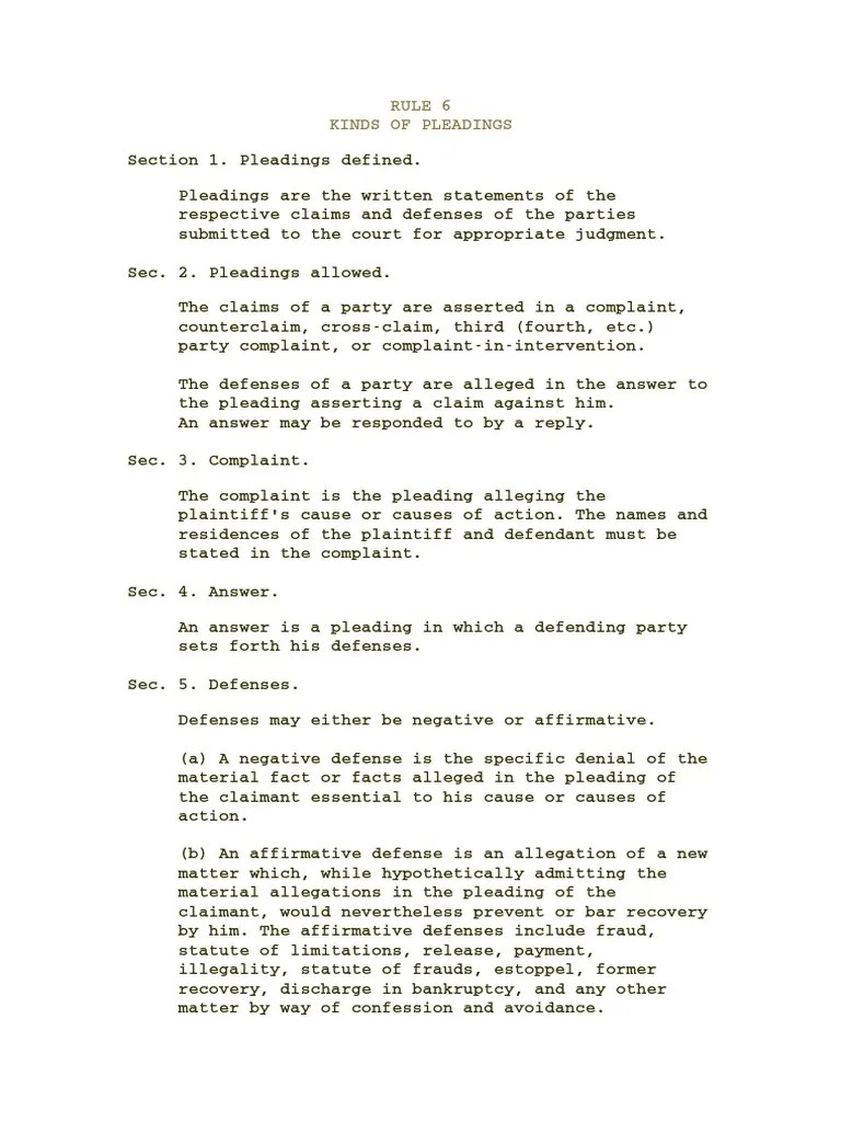 Rule 6 Kinds Of Pleadings Pleading Affirmative Defense