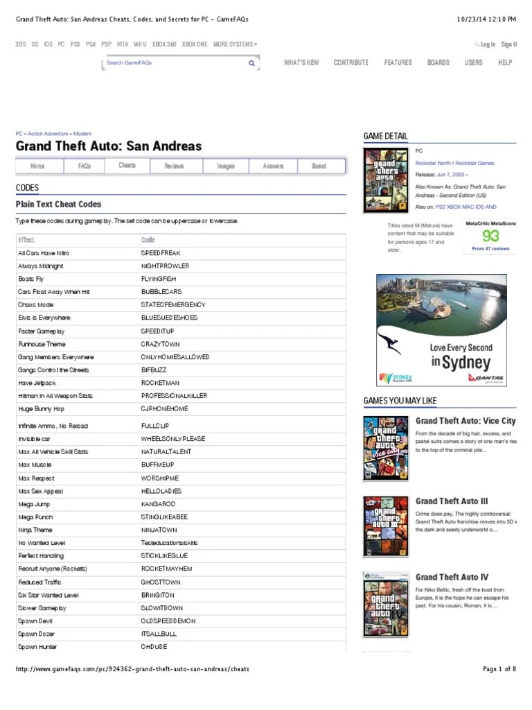Grand Theft Auto San Andreas Cheats, Codes, And Secrets for PC