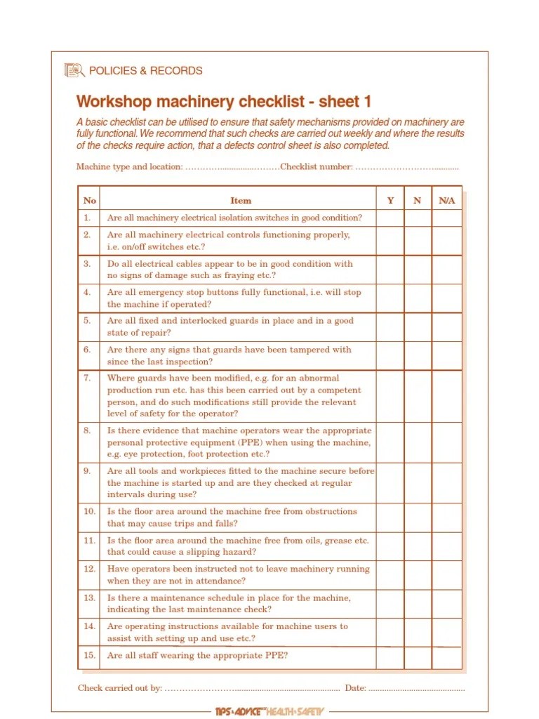 Machinery Checklist Machines Equipment