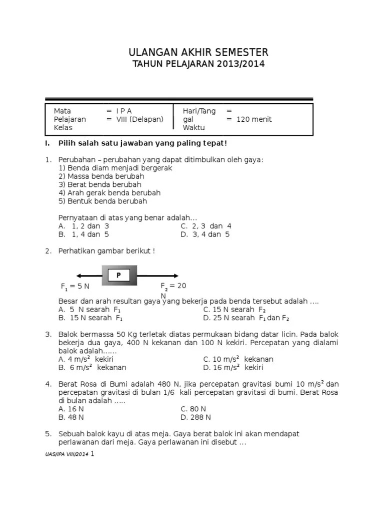 UAS IPA Kelas 8 Semester 1