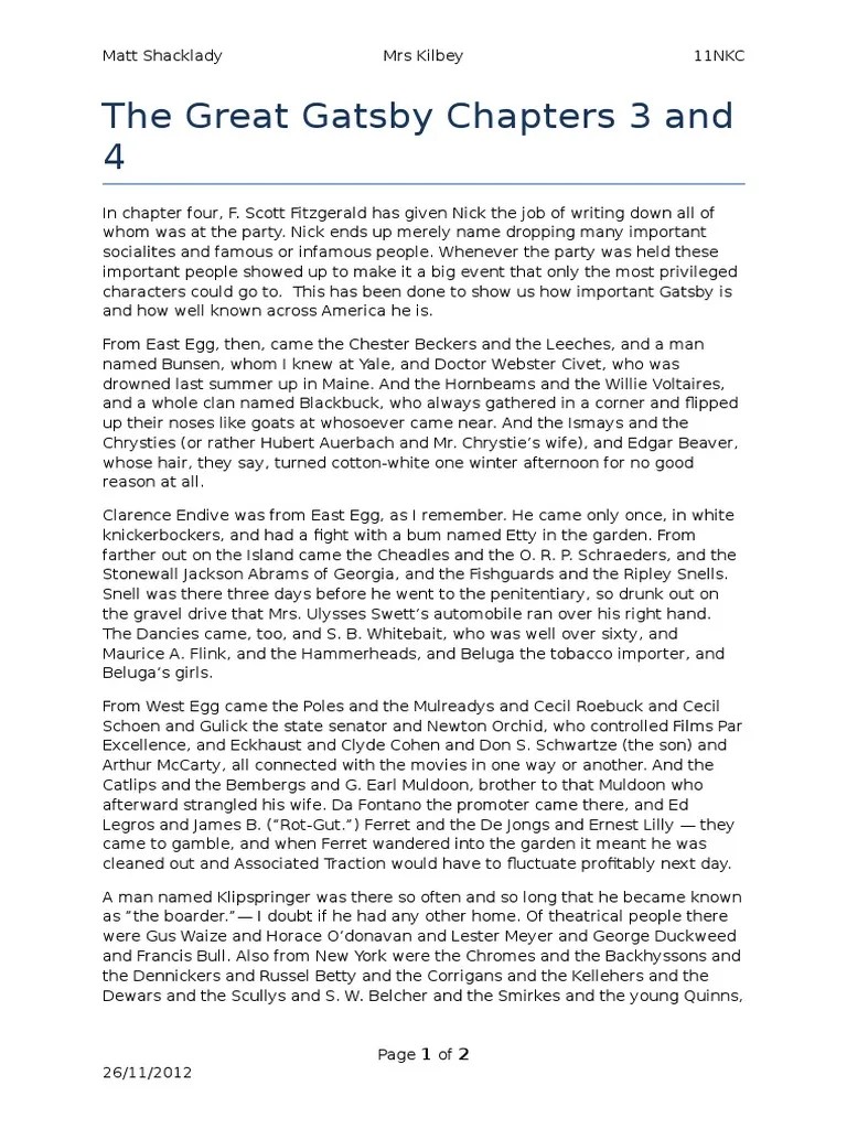 The Great Gatsby Chapters 3 and 4 PDF Violence