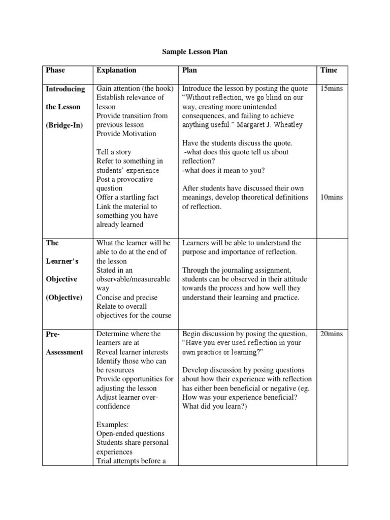 reflection sample lesson plan | Lesson Plan | Educational Assessment
