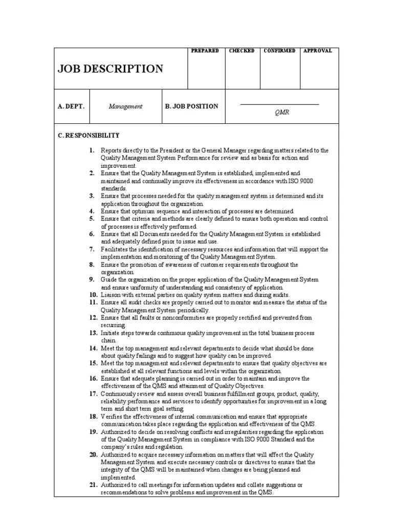 Sample Job Description Qmr Quality Management System Quality Management