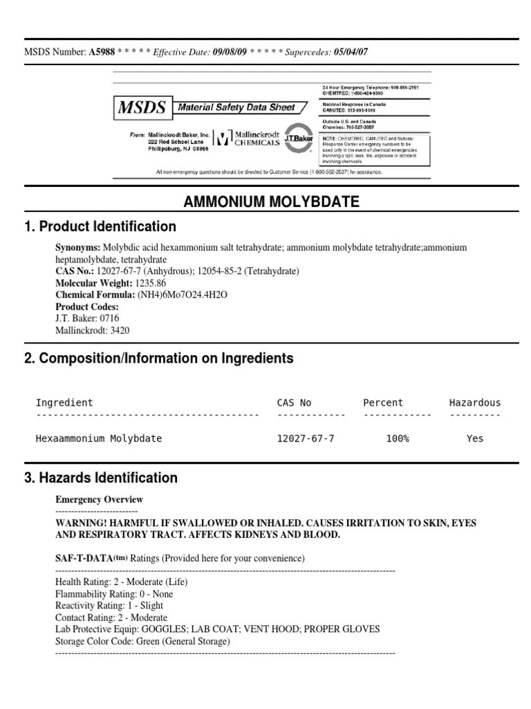MSDS Ammonium Molybdate Personal Protective Equipment Breathing