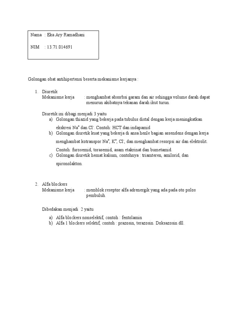 Golongan Obat Antihipertensi Beserta Mekanisme Kerjanya PDF