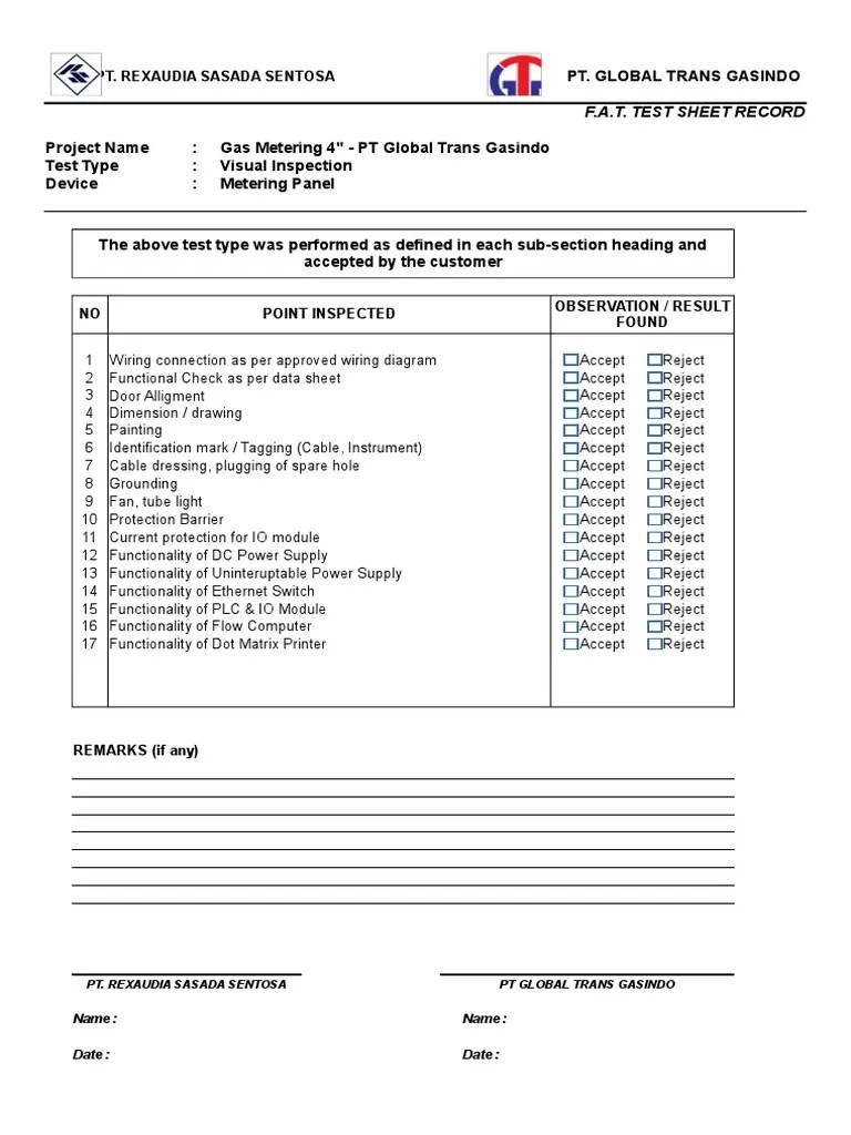 Visual Inspection Sheet